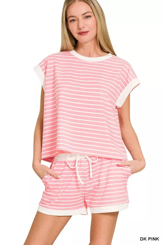 Zenana Stripe Contrast Trim Top & Shorts Set sold by Charming Charlie