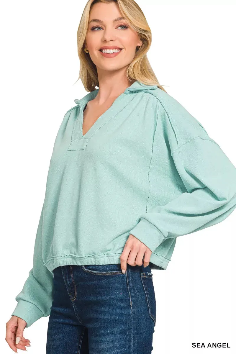 Zenana French Terry Collared Exposed Seam Sweatshirt sold by Charming Charlie