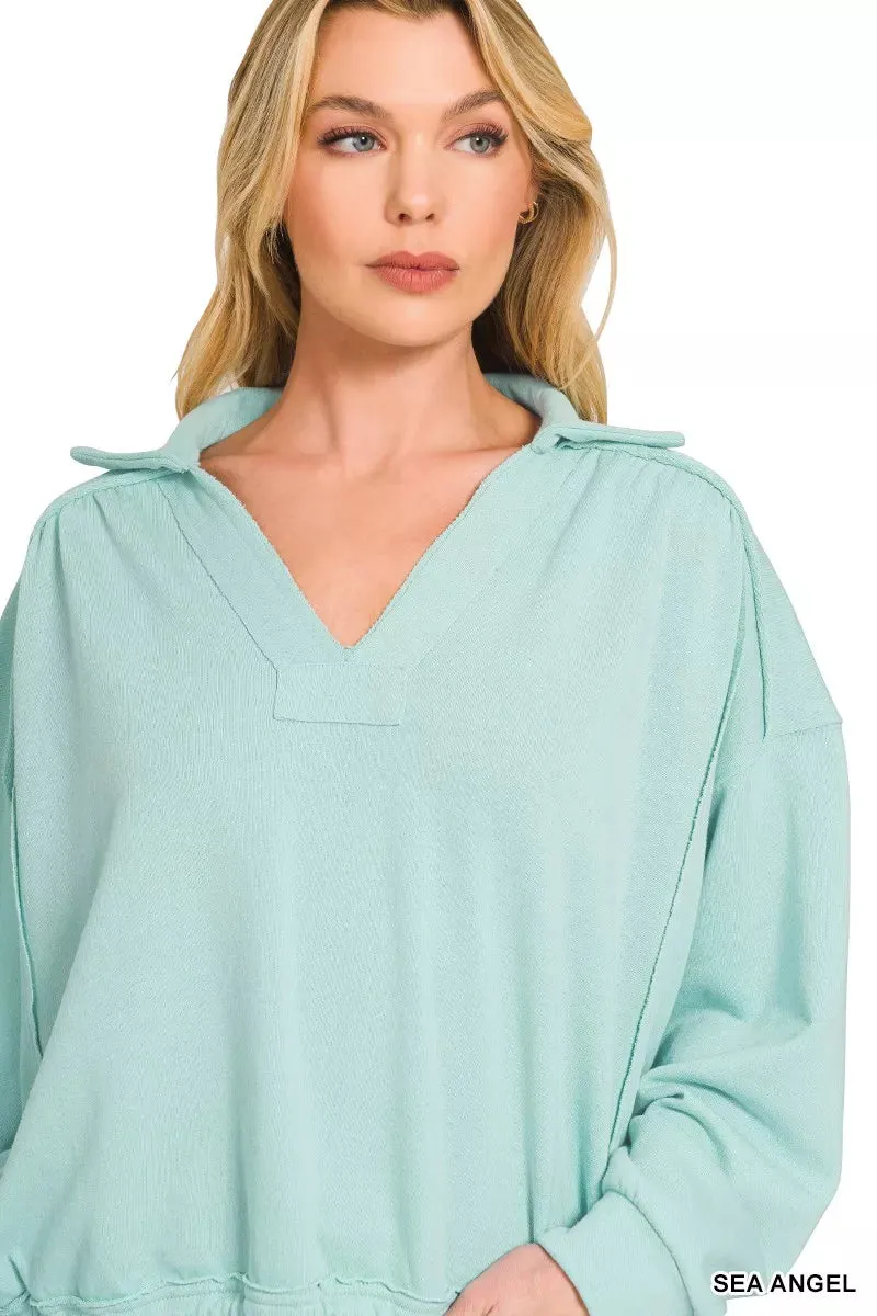 Zenana French Terry Collared Exposed Seam Sweatshirt sold by Charming Charlie product image thumbnail 2