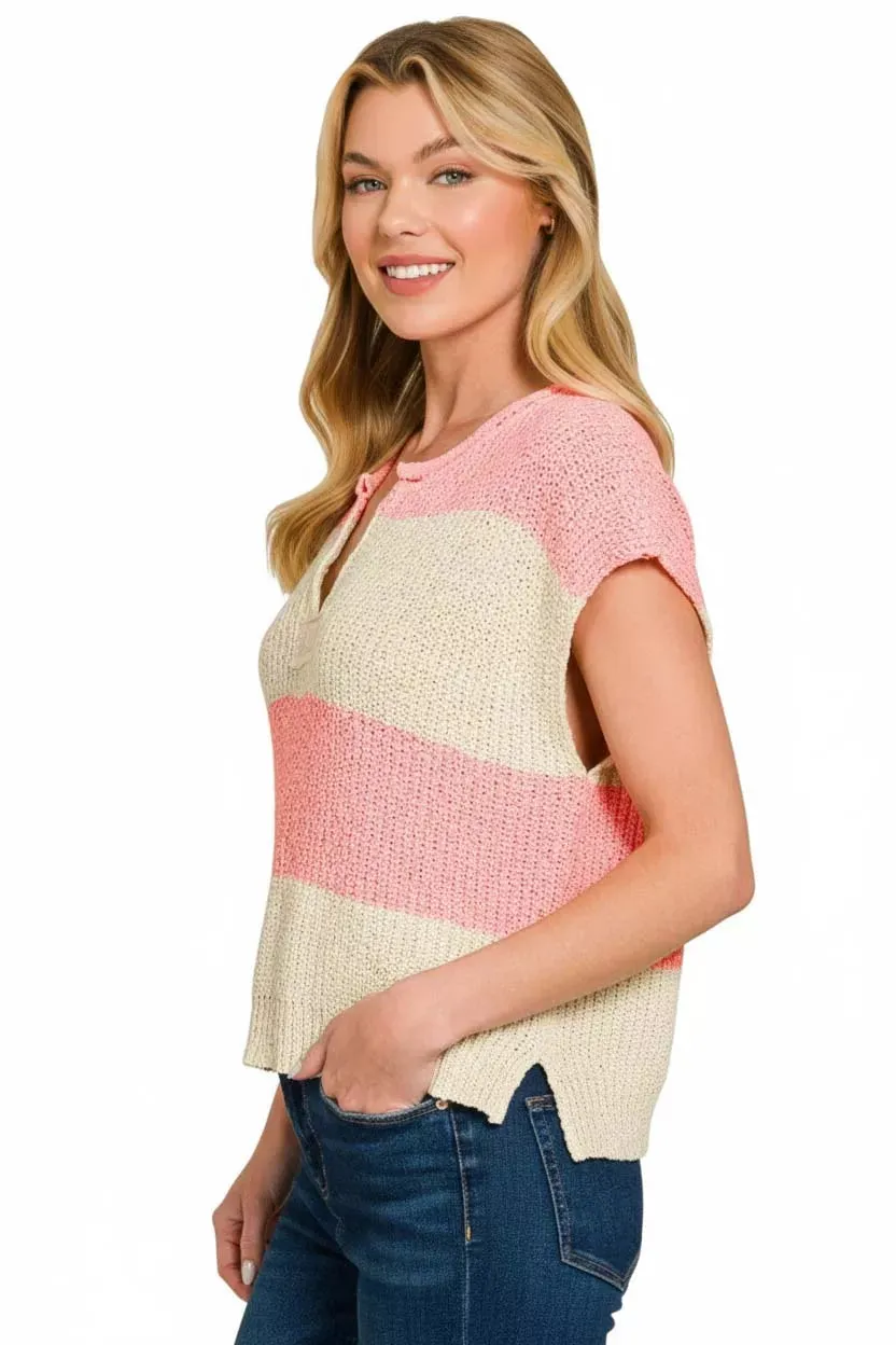 Zenana Split Neck Sleeveless Stripe Sweater sold by Charming Charlie product image thumbnail 3