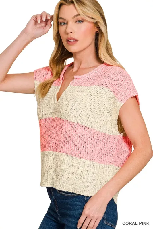 Zenana Split Neck Sleeveless Stripe Sweater sold by Charming Charlie