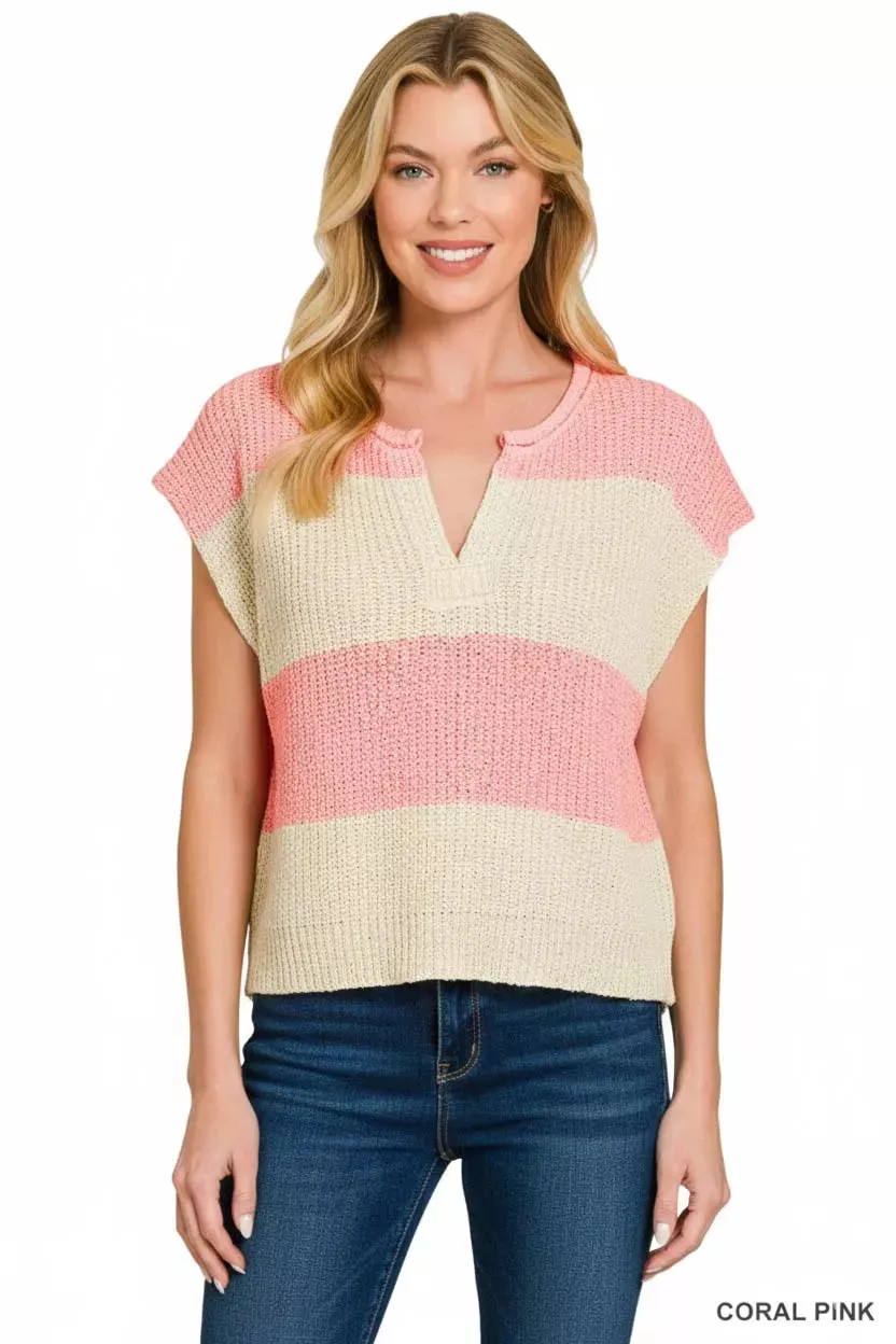 Zenana Split Neck Sleeveless Stripe Sweater sold by Charming Charlie product image thumbnail 2
