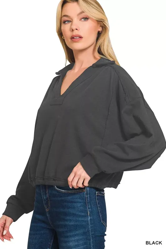 Zenana French Terry Collared Exposed Seam Sweatshirt sold by Charming Charlie
