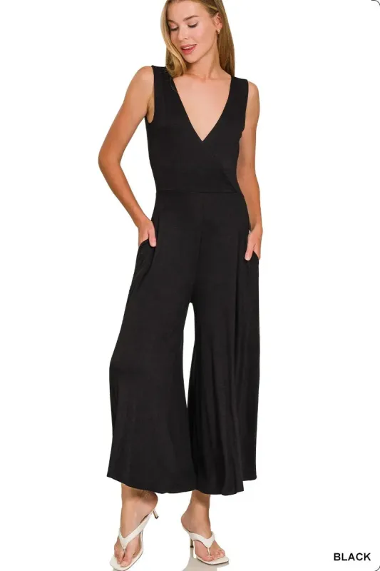 Zenana Surplice Neckline Sleeveless Jumpsuit made by Trendsi