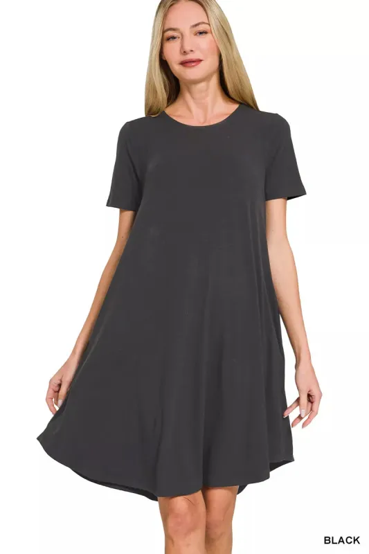 Zenana Short Sleeve Round Hem A-line Dress with Side Pockets sold by Charming Charlie