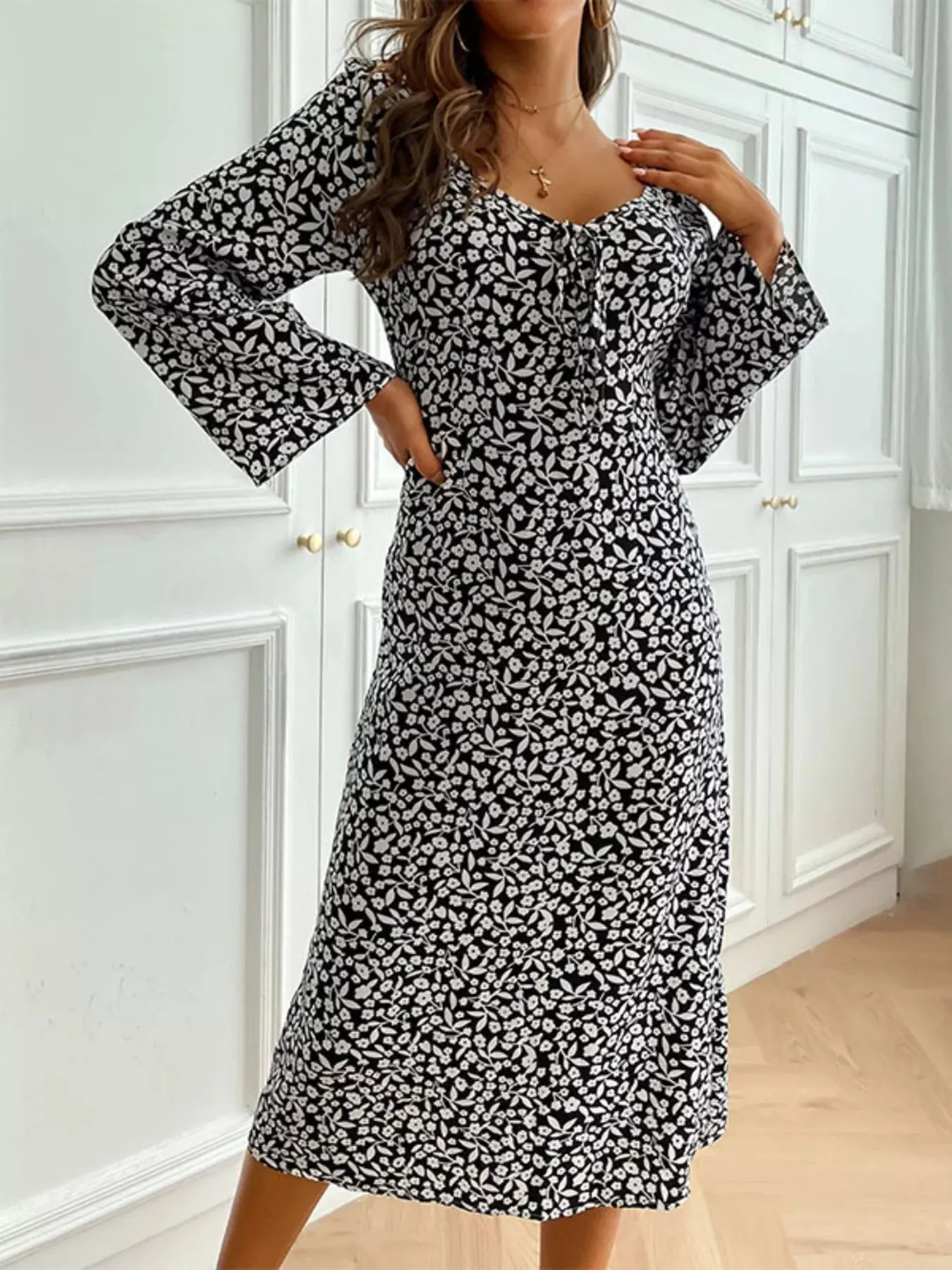 Printed Tie Flare Sleeve Midi Dress sold by Charming Charlie