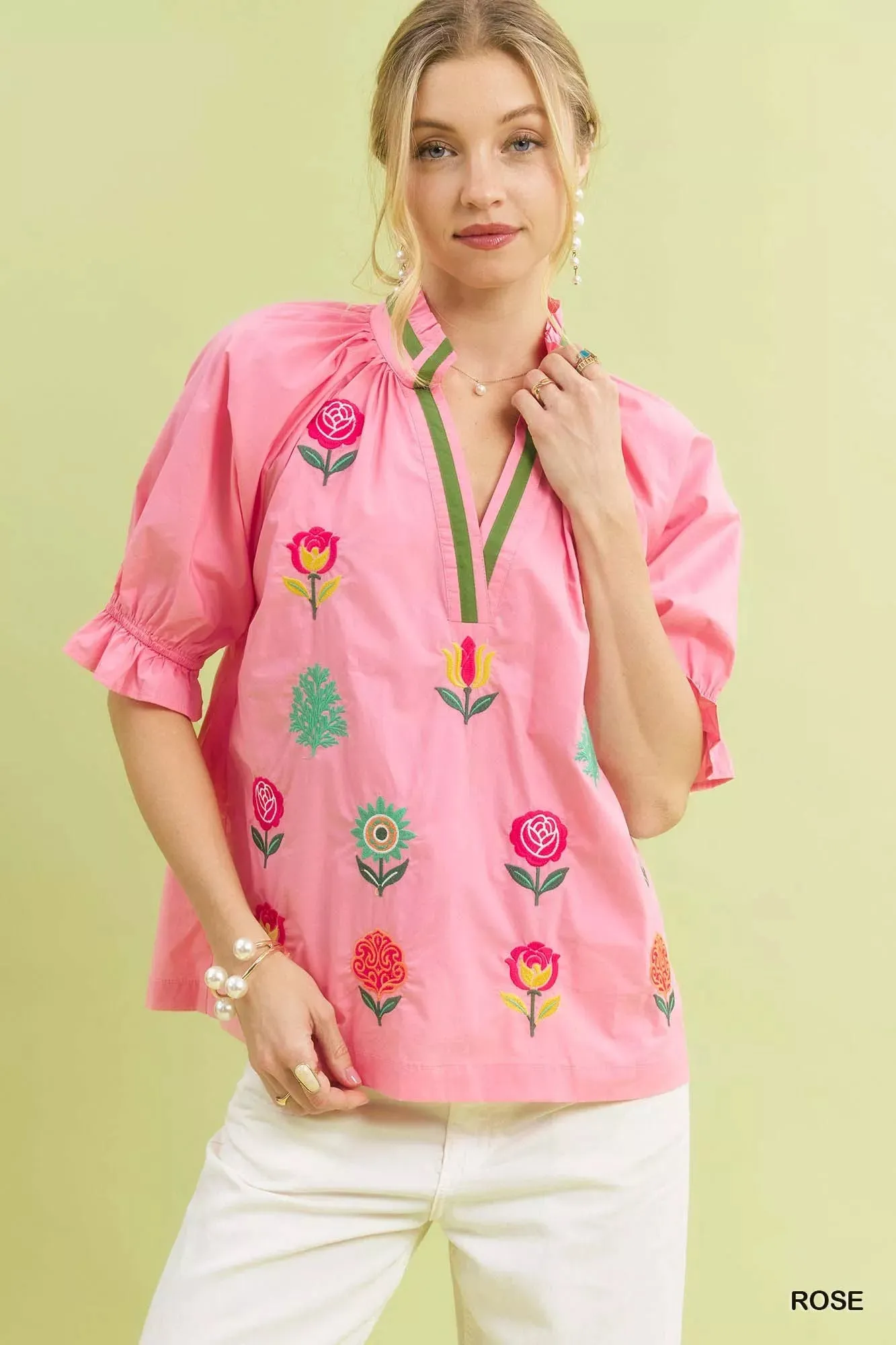 Umgee Embroidered Floral Top with Contrast Trim sold by Charming Charlie