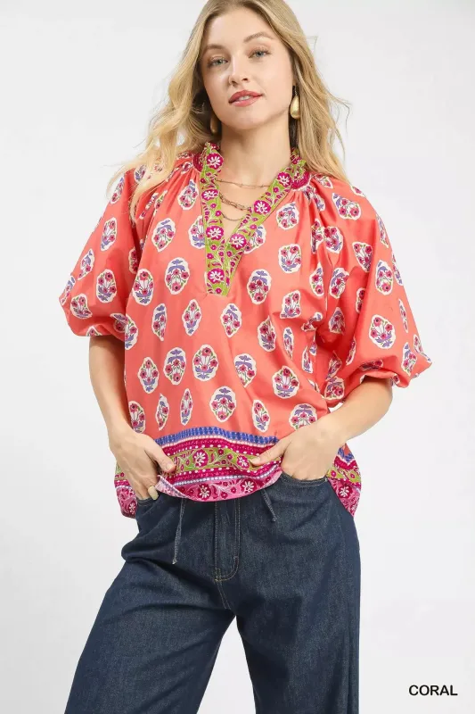 Umgee Boho Border Print Peasant Top sold by Charming Charlie