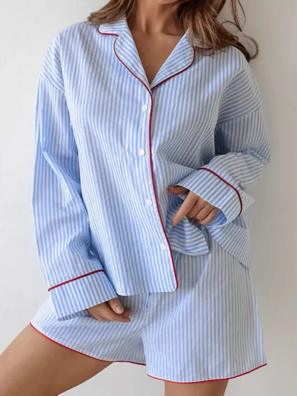 Striped Button Up Shirt and Shorts Lounge Set made by Trendsi