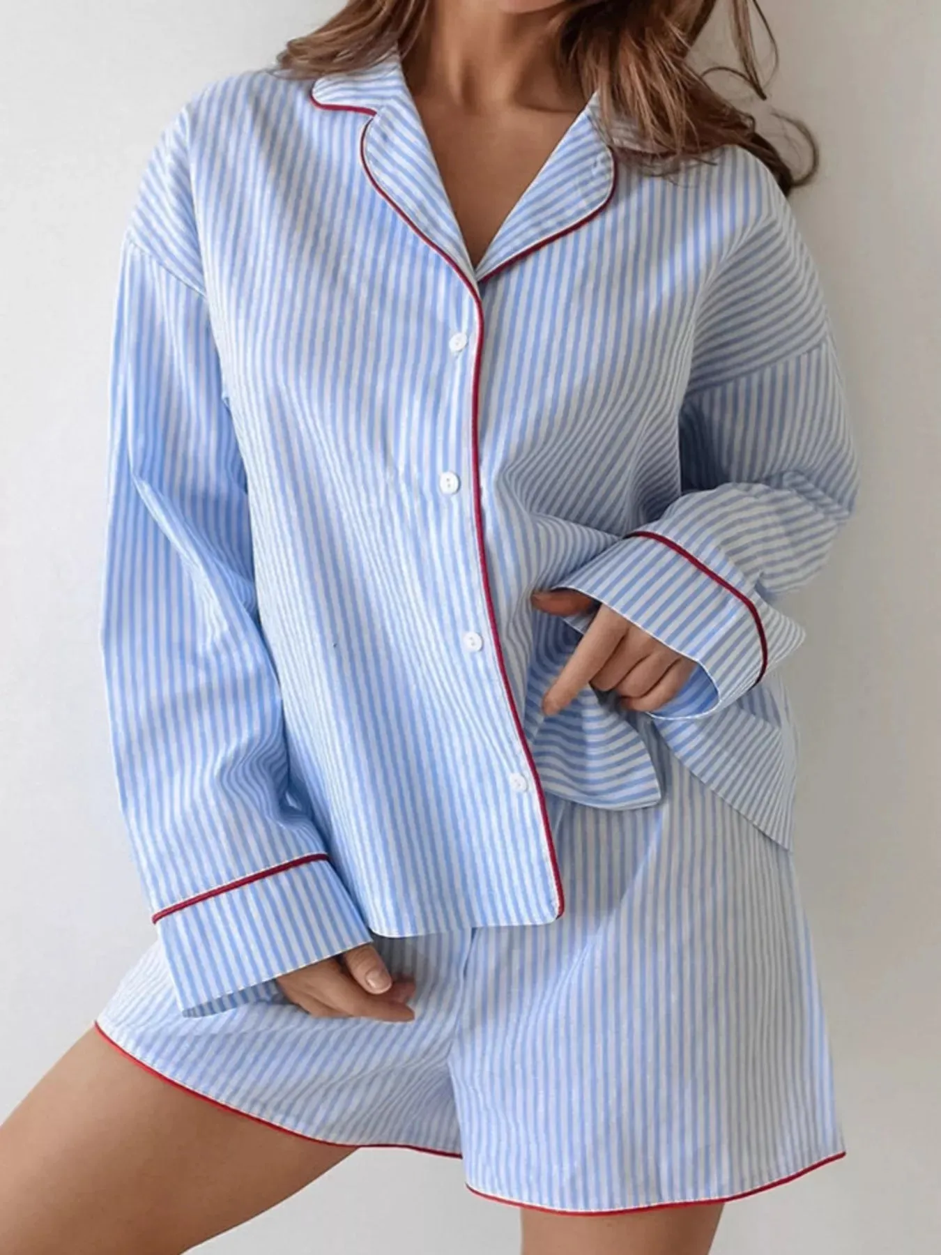 Striped Button Up Shirt and Shorts Lounge Set sold by Charming Charlie