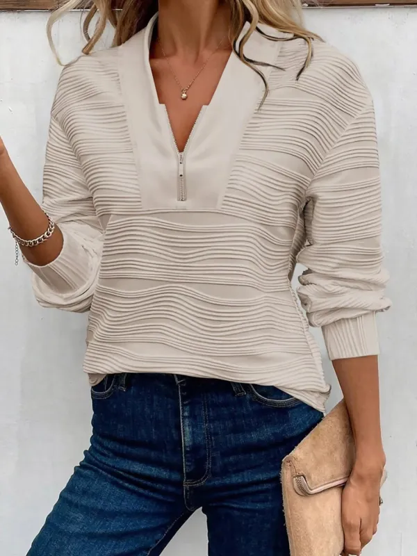 Solid Color Textured Zip V Neck Pullover Sweatshirt made by Trendsi