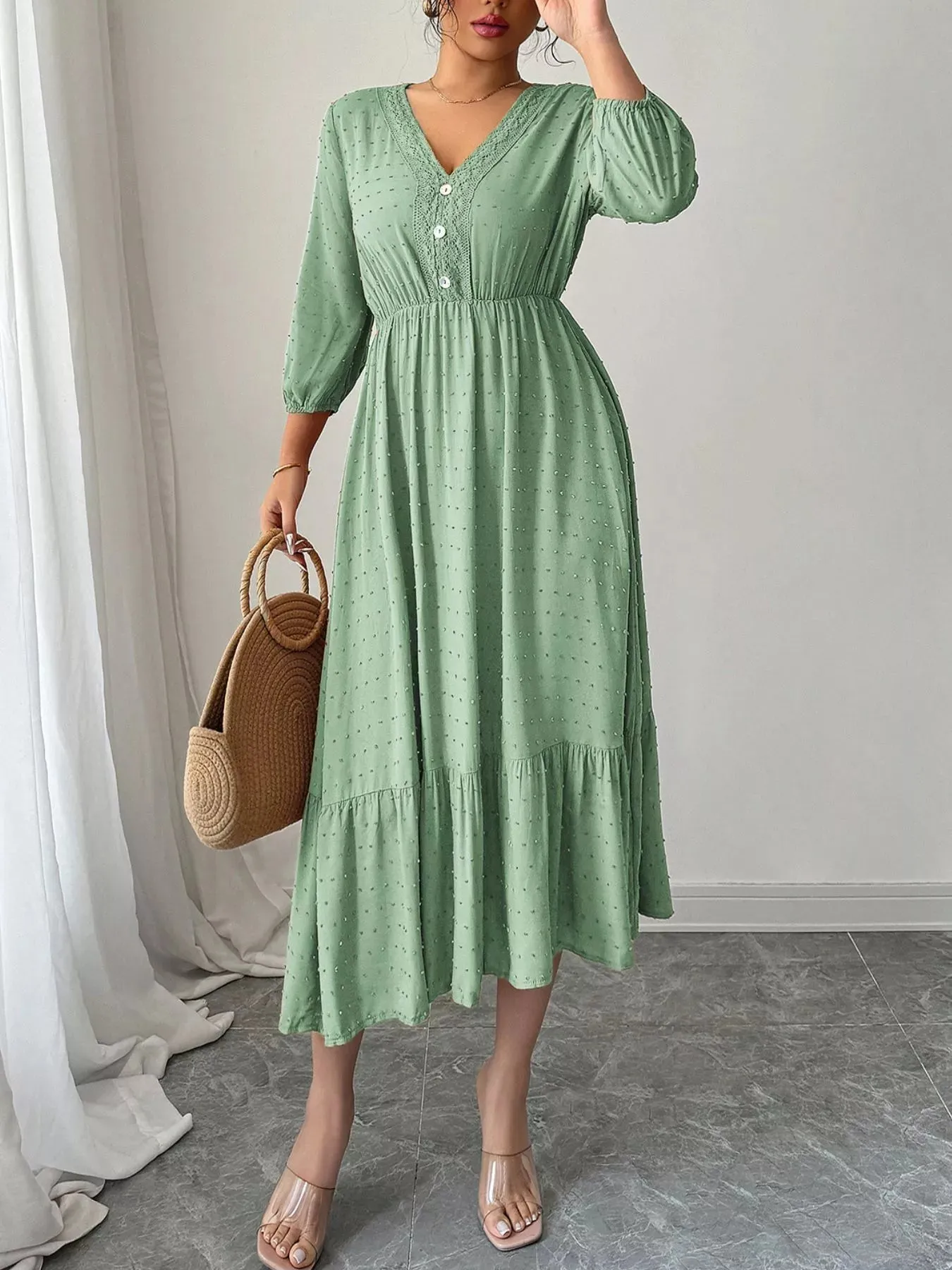 Swiss Dot Ruffle Hem Midi Dress sold by Charming Charlie