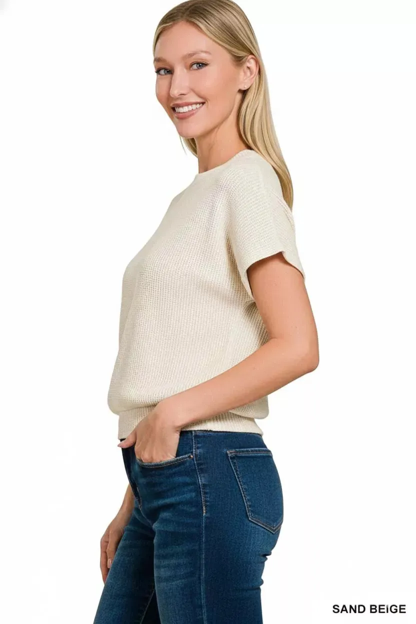 Zenana Round Neck Banded Botton Short Sleeve Sweater sold by Charming Charlie product image thumbnail 3