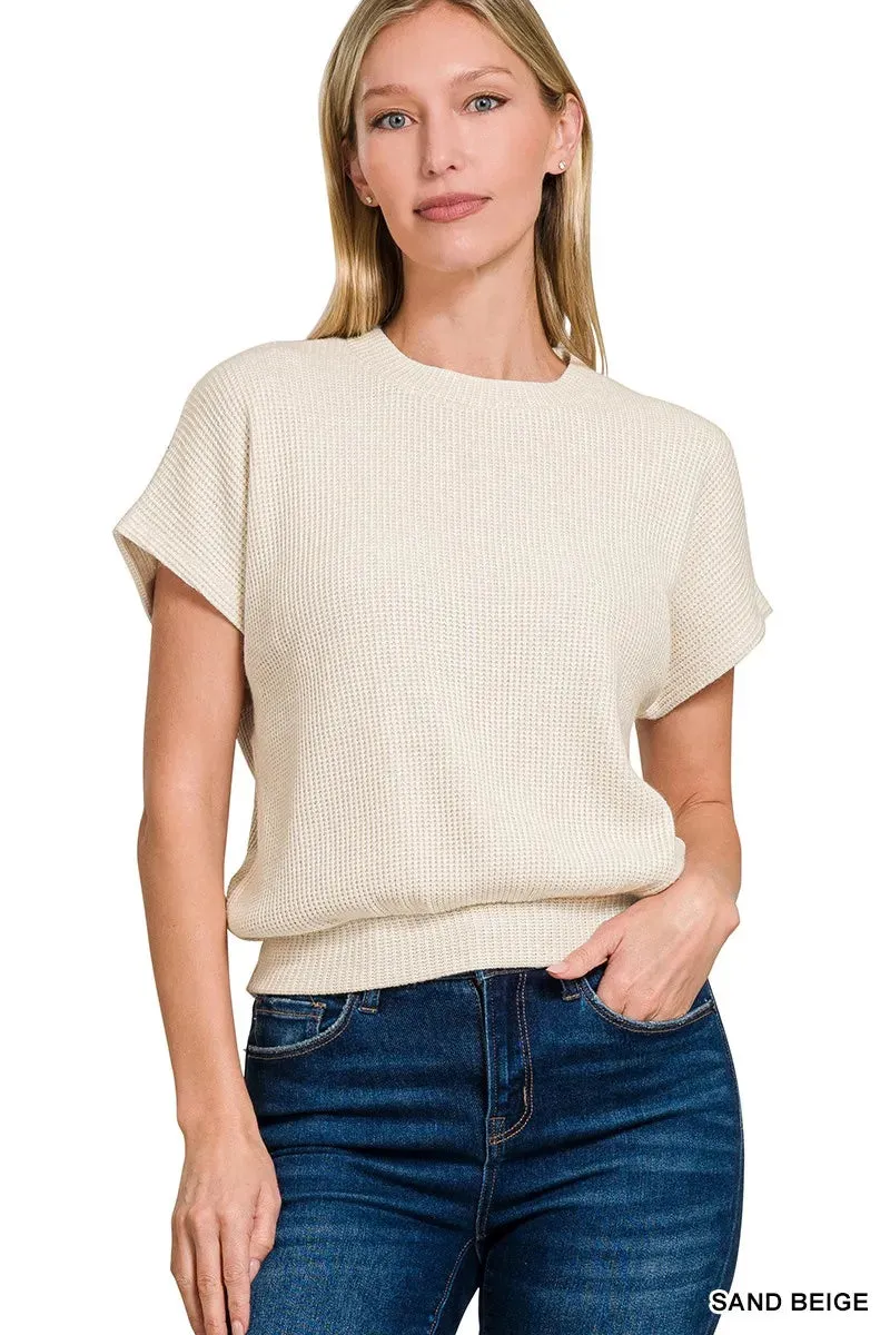 Zenana Round Neck Banded Botton Short Sleeve Sweater sold by Charming Charlie