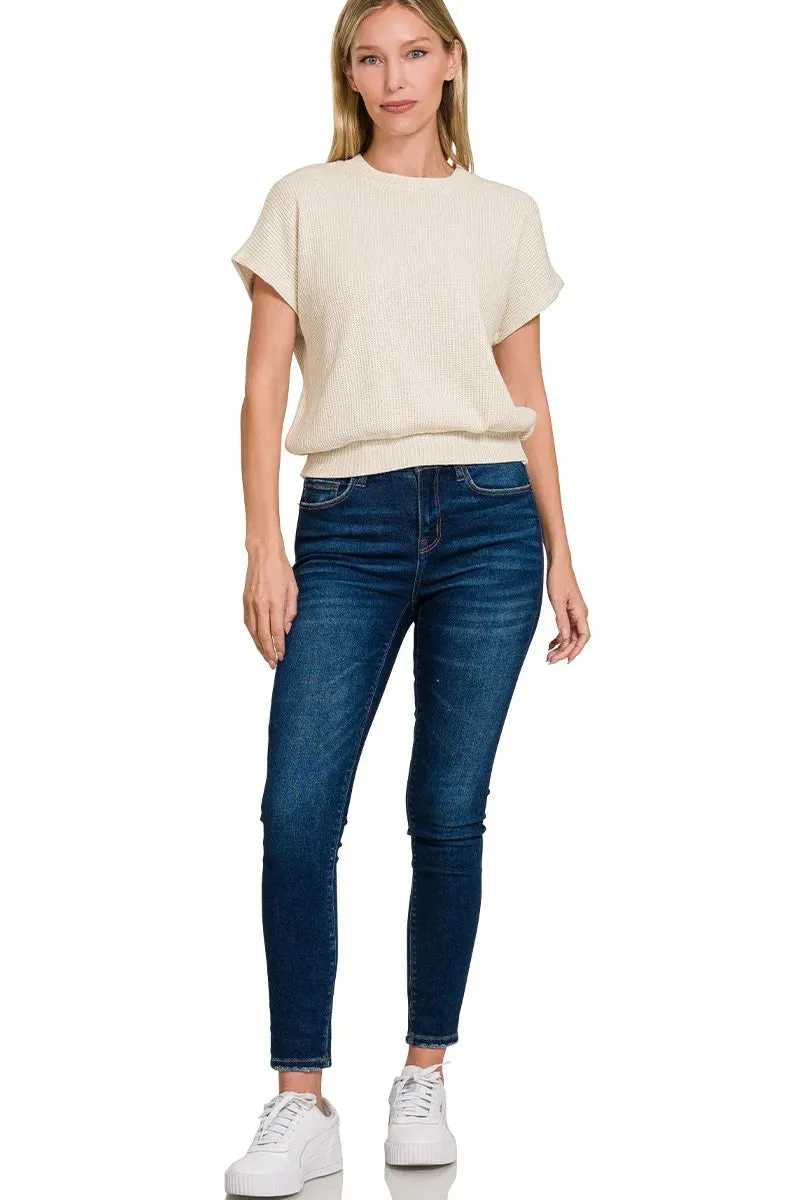 Zenana Round Neck Banded Botton Short Sleeve Sweater sold by Charming Charlie product image thumbnail 2