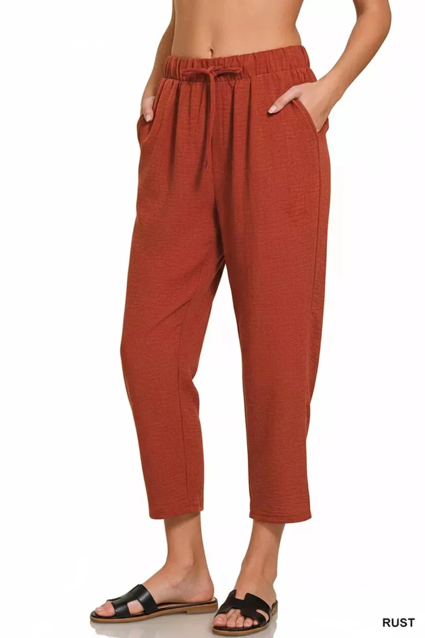 Zenana Woven Crepe Elastic Band Waist Pants sold by Charming Charlie