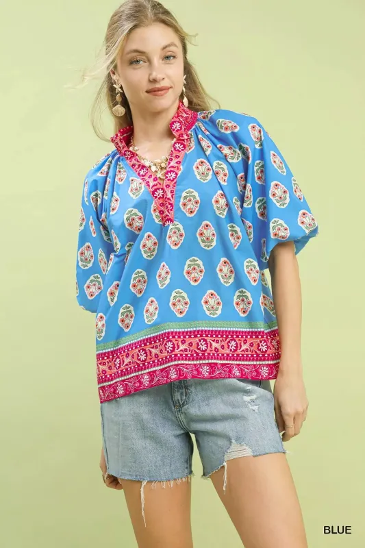 Umgee Boho Border Print Peasant Top sold by Charming Charlie