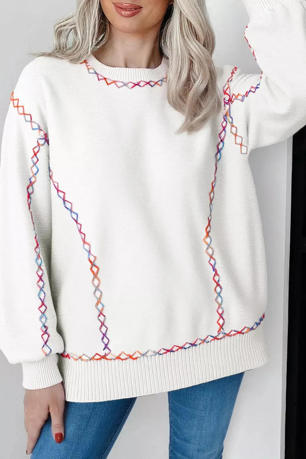 Rainbow Stitching Long Sleeve Relaxed Sweater sold by Charming Charlie product image thumbnail 4