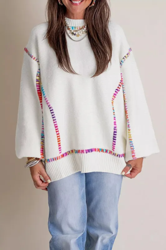 Rainbow Stitching Long Sleeve Relaxed Sweater sold by Charming Charlie