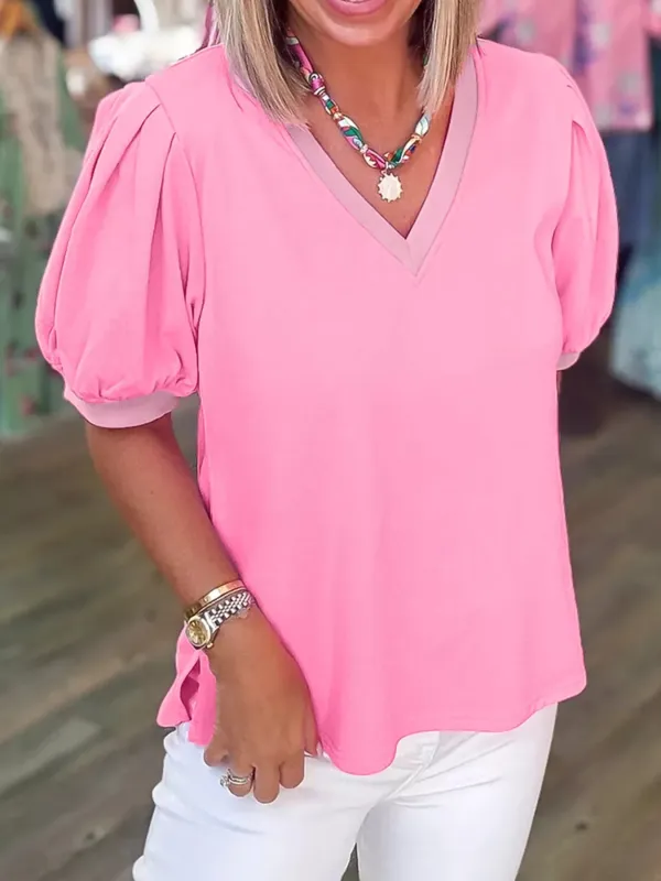 Solid Color V Neck Short Puff Sleeve Blouse sold by Charming Charlie