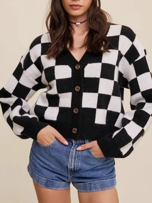 Checkerboard Pattern Button-Down Cardigan sold by Charming Charlie
