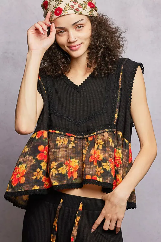 POL Lace Detail Floral Cropped Ruffled Top sold by Charming Charlie
