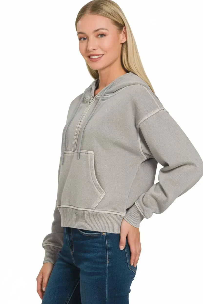 Zenana Fleece Pigment Dye Half Zip Kangaroo Pocket Hoodie sold by Charming Charlie product image thumbnail 3