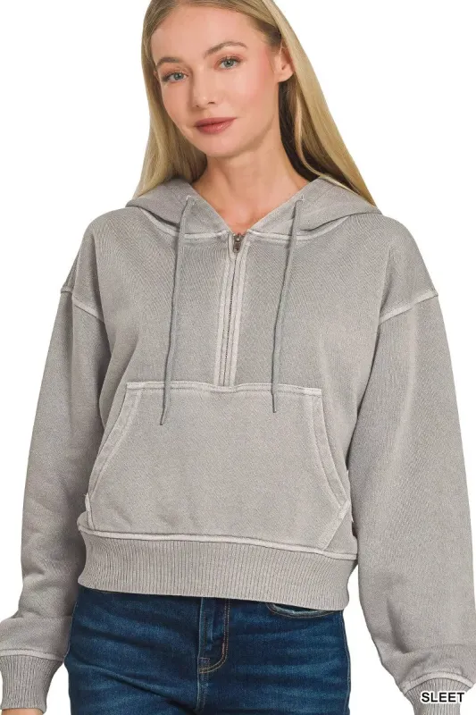 Zenana Fleece Pigment Dye Half Zip Kangaroo Pocket Hoodie sold by Charming Charlie
