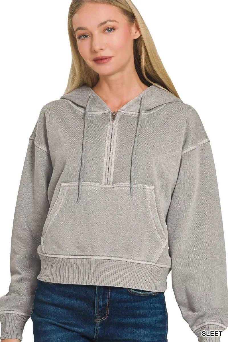 Zenana Fleece Pigment Dye Half Zip Kangaroo Pocket Hoodie sold by Charming Charlie