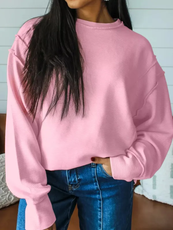 Horizontal Ribbed Exposed Seam Detail Drop Shoulder Baggy Pullover made by Trendsi