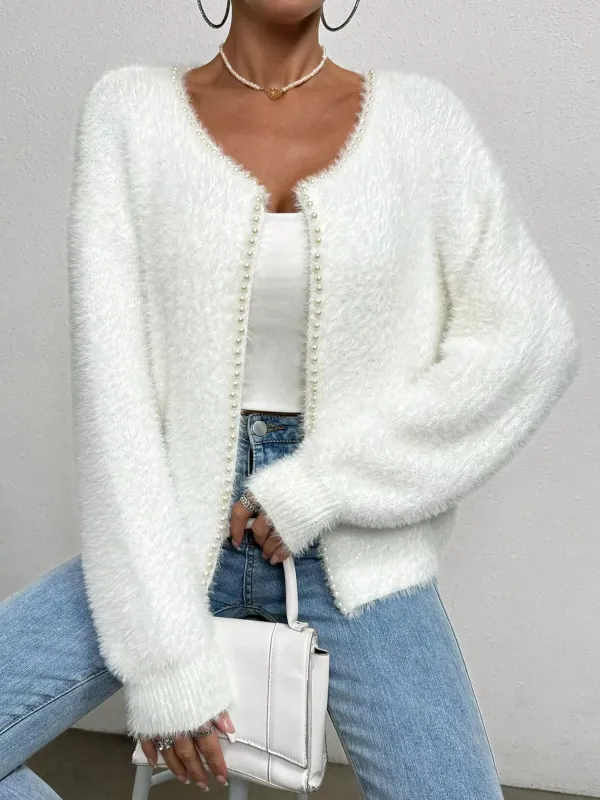 Pearl Trim Fuzzy Knit Cardigan sold by Charming Charlie