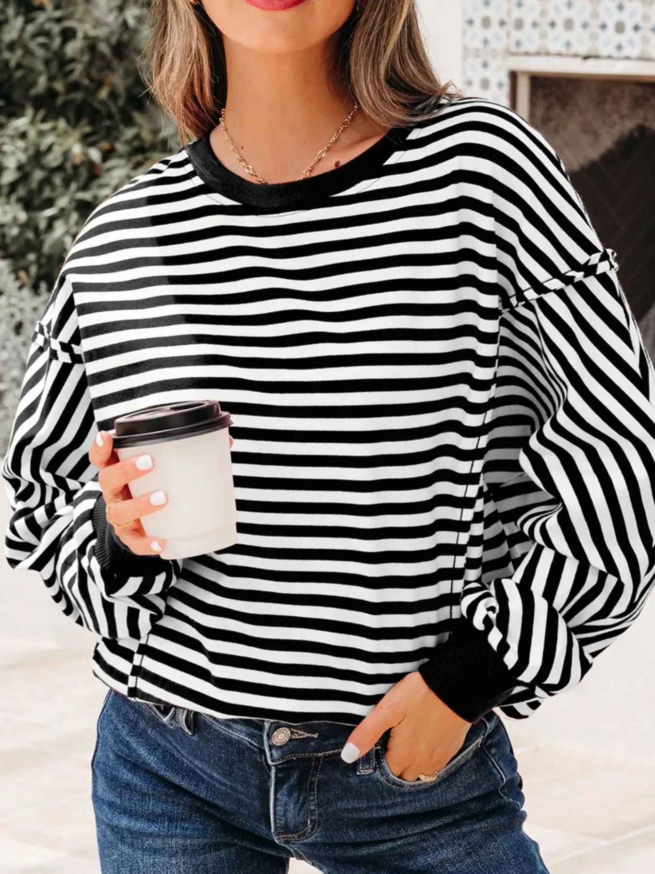 Stripe Exposed Seam Drop Shoulder Casual Pullover Top sold by Charming Charlie product image thumbnail 3