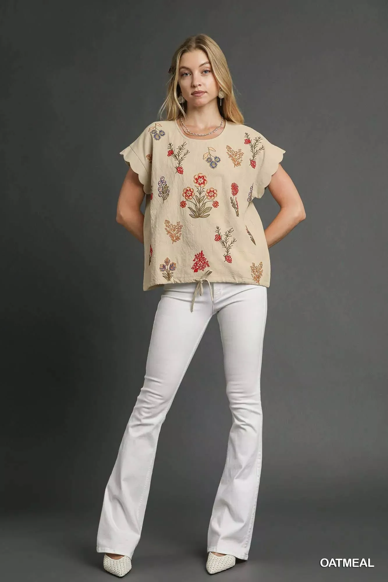Umgee Embroidered Scallop Sleeve Top with Drawstring Hem sold by Charming Charlie product image thumbnail 4