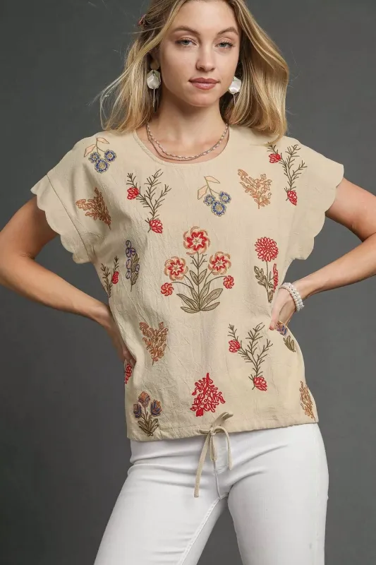 Umgee Embroidered Scallop Sleeve Top with Drawstring Hem made by Trendsi