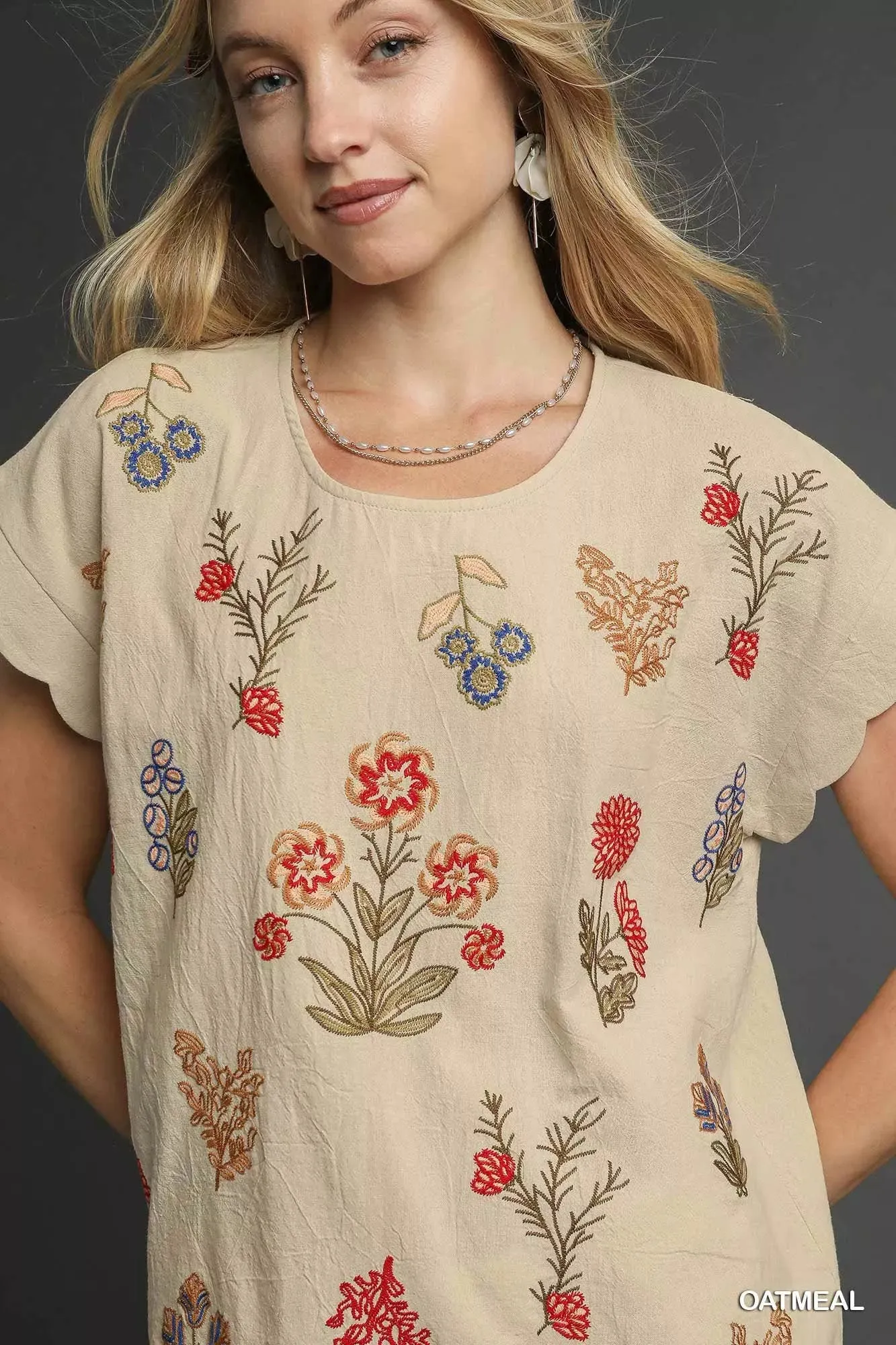 Umgee Embroidered Scallop Sleeve Top with Drawstring Hem sold by Charming Charlie product image thumbnail 5