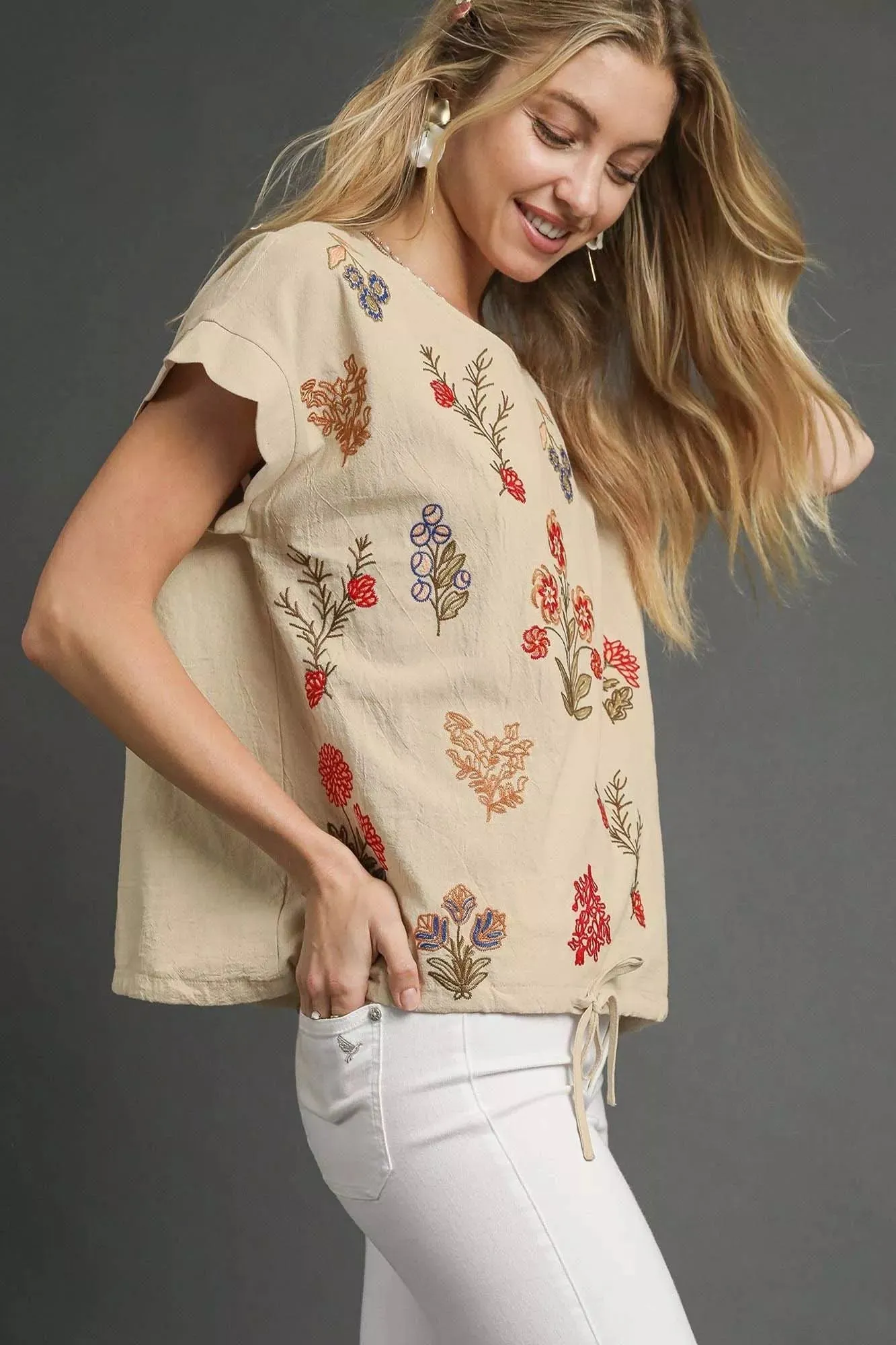 Umgee Embroidered Scallop Sleeve Top with Drawstring Hem sold by Charming Charlie product image thumbnail 2
