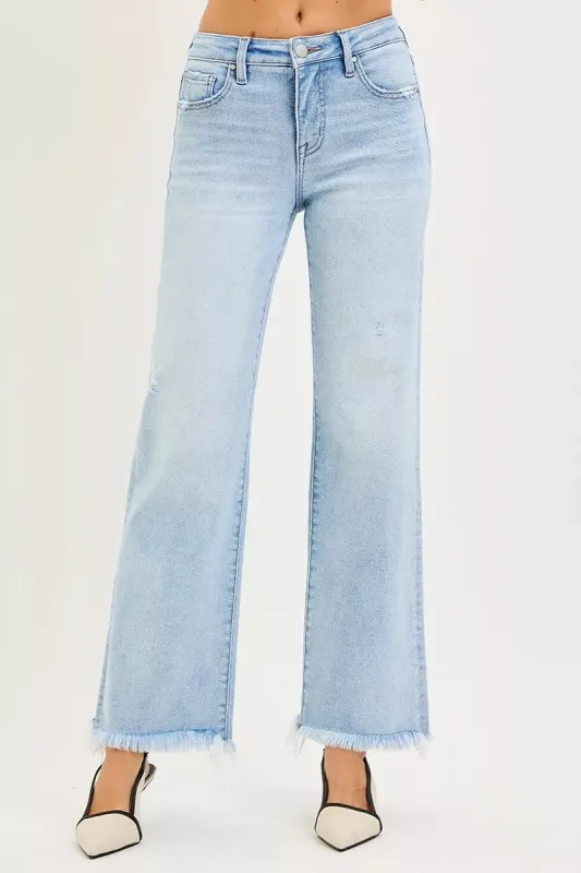 RISEN Tummy Control Mid Rise Ankle Straight Fray Hem Jeans sold by Charming Charlie