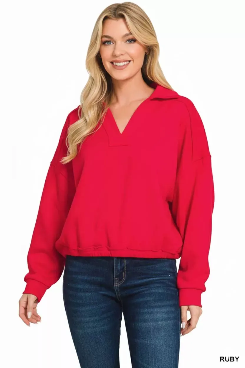 Zenana French Terry Collared Exposed Seam Sweatshirt sold by Charming Charlie product image thumbnail 2