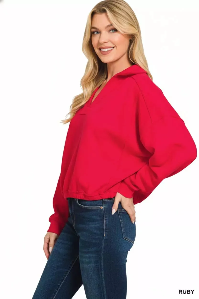 Zenana French Terry Collared Exposed Seam Sweatshirt sold by Charming Charlie product image thumbnail 3