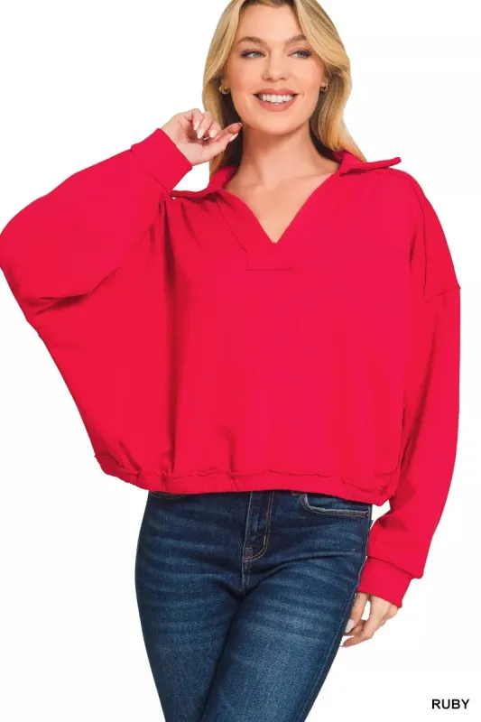 Zenana French Terry Collared Exposed Seam Sweatshirt sold by Charming Charlie
