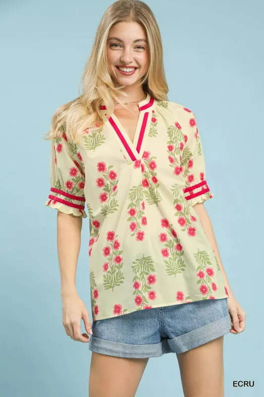 Umgee Floral V-Neck Puff Sleeve Top sold by Charming Charlie