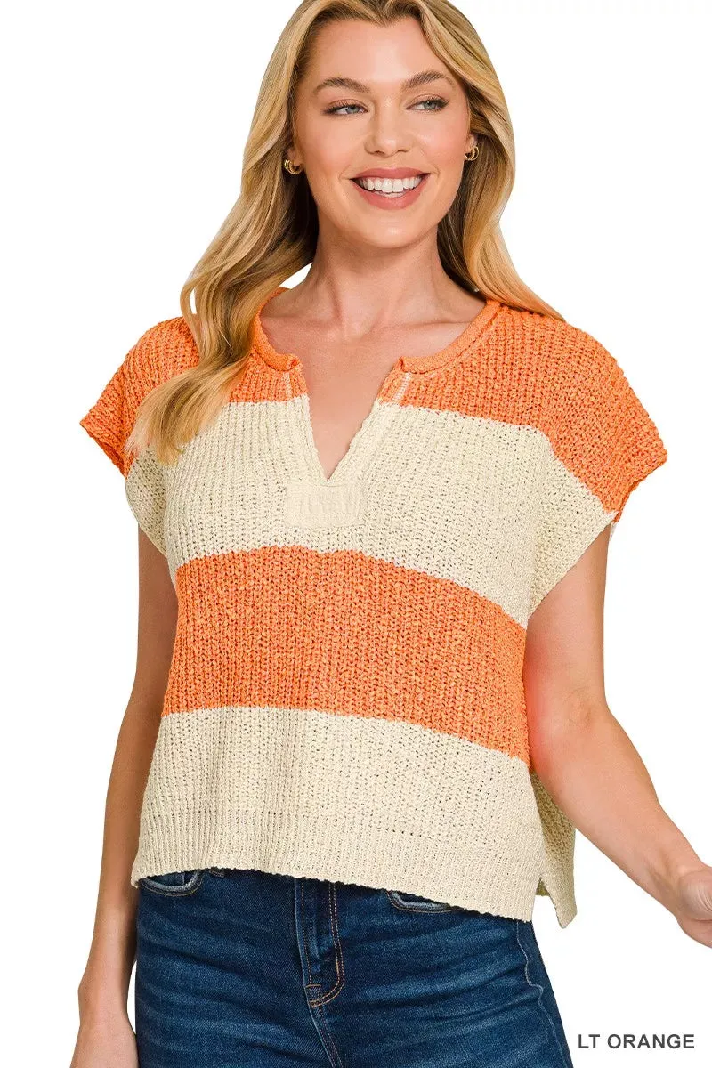 Zenana Split Neck Sleeveless Stripe Sweater sold by Charming Charlie