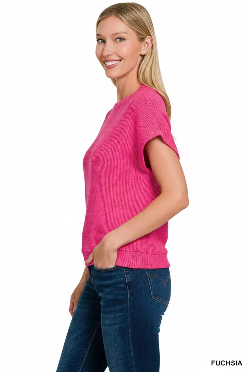 Zenana Round Neck Banded Botton Short Sleeve Sweater sold by Charming Charlie product image thumbnail 3