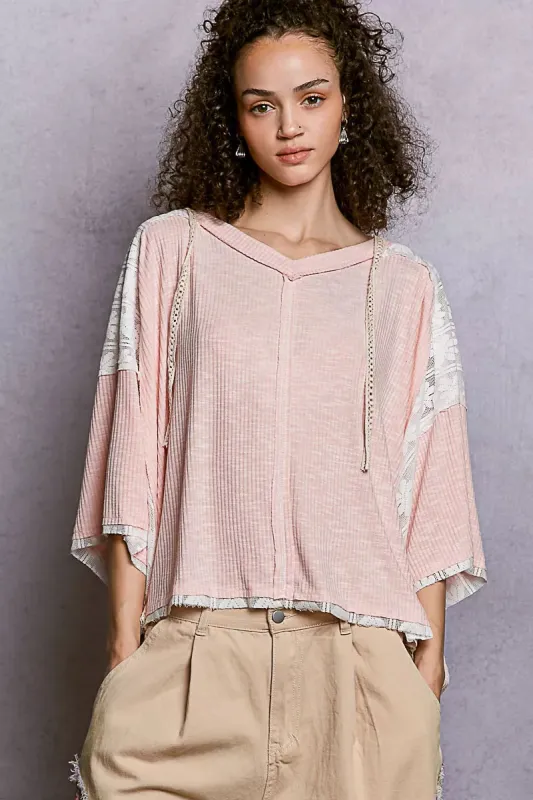 POL Short Sleeve Hoodie Top with Lace Detail sold by Charming Charlie