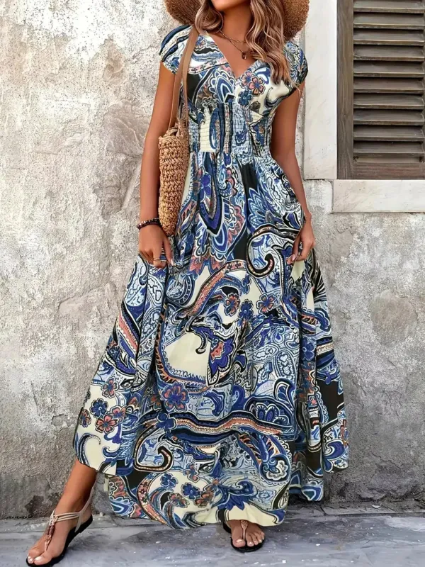 Printed V-Neck Cap Sleeve Maxi Dress sold by Charming Charlie