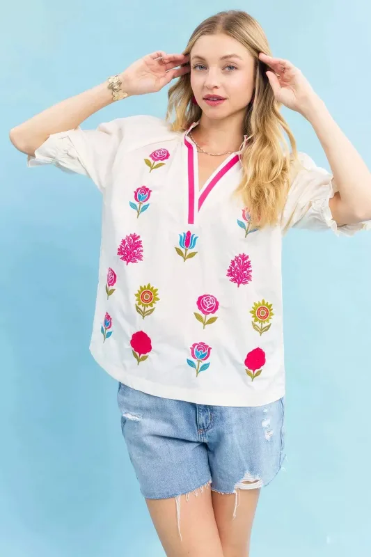 Umgee Embroidered Floral Top with Contrast Trim sold by Charming Charlie