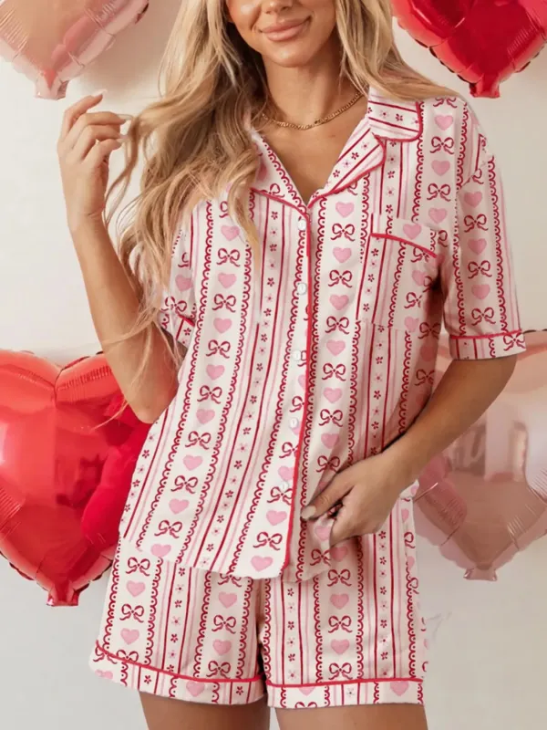 Bow Heart Print Ribbon Decor Short 2pcs Pajama Set sold by Charming Charlie
