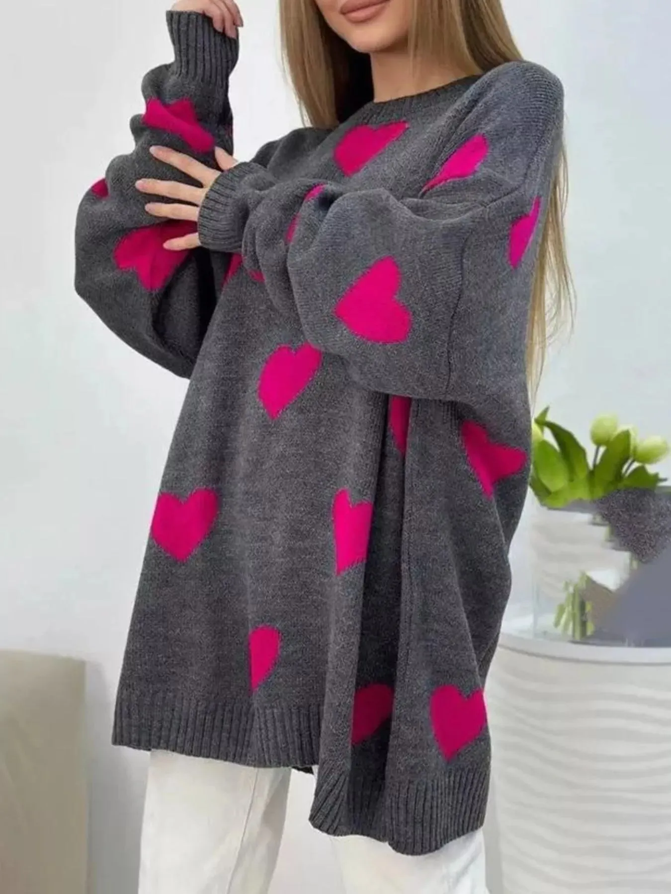 Heart Round Neck Oversized Knit Sweater sold by Charming Charlie product image thumbnail 3