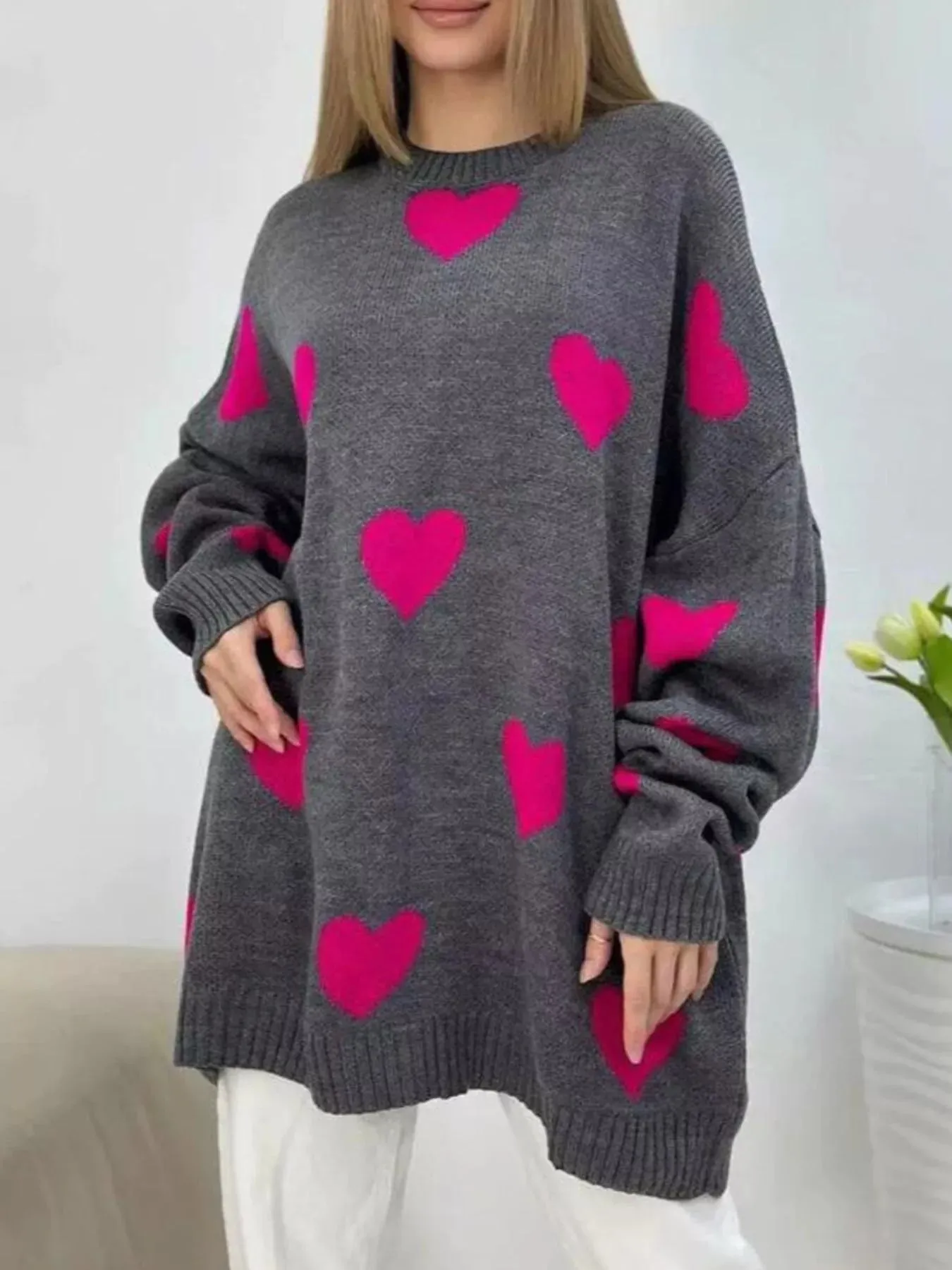 Heart Round Neck Oversized Knit Sweater sold by Charming Charlie product image thumbnail 4
