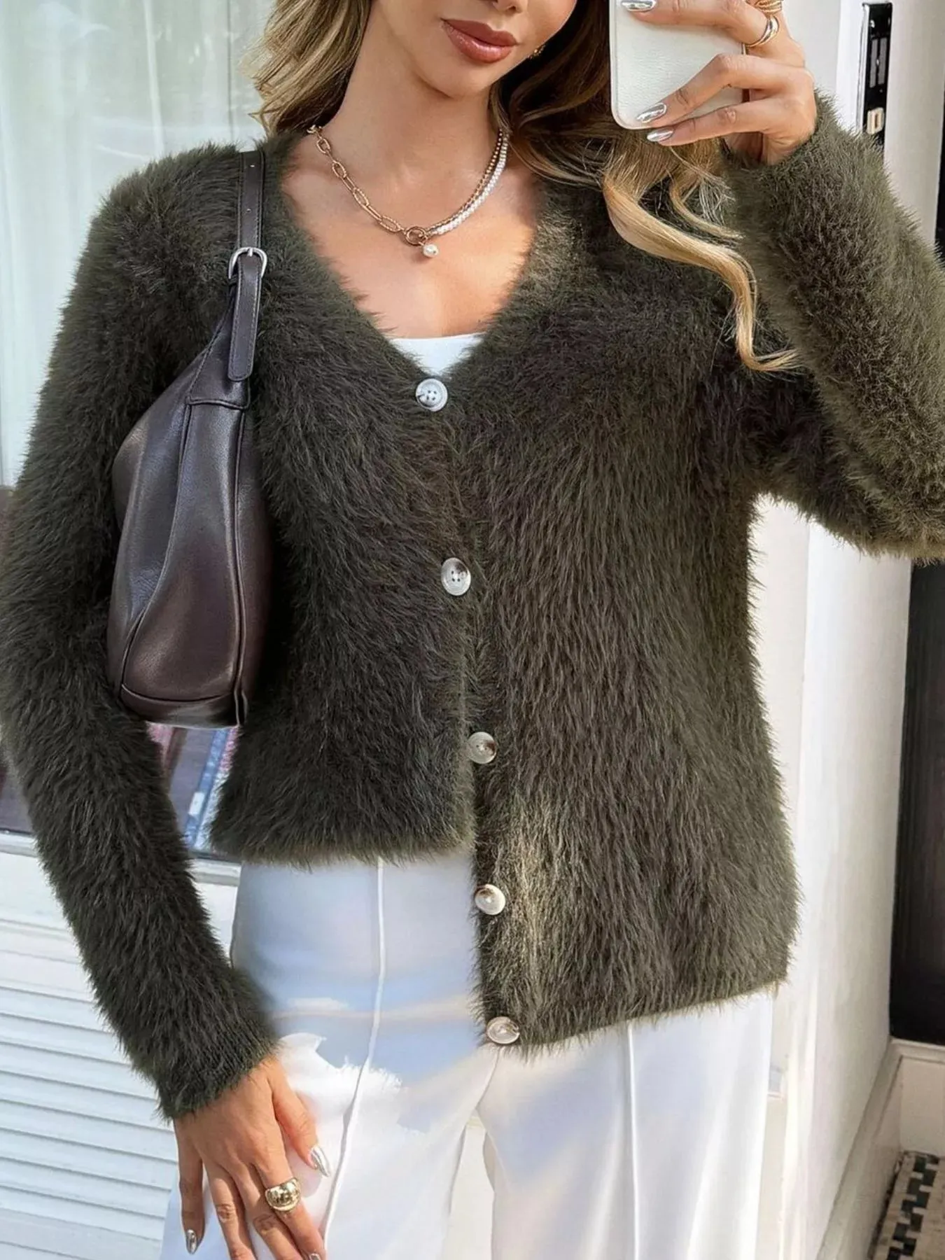 Fuzzy Knit Button-Up Cardigan sold by Charming Charlie product image thumbnail 4